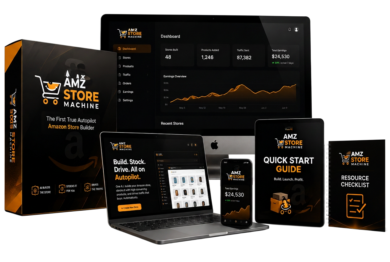 AMZ Store Machine product mockup — software box, dashboard, mobile, laptop, tablet and guide
